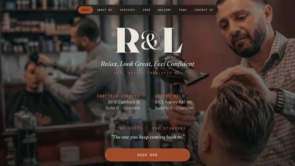 R&L Barbershop homepage — a barber mid-cut behind a large R&L monogram and a book-now button.