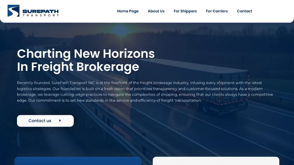 Sure Path Transport homepage — freight trucks behind the headline Charting New Horizons In Freight Brokerage.